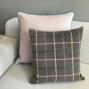 Modern Plaid, Brown/Grey, Off-White, Blue Pillow Cover 18" x 18"